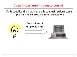 Cosa impariamo in questo corso?
Dalla specifica di un problema alla sua realizzazione come
         programma da eseguire su un elaboratore


                 Costruzione di
                 un programma




                                                             3
 