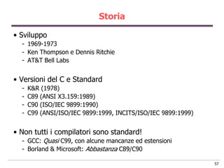 Storia

• Sviluppo
  - 1969-1973
  - Ken Thompson e Dennis Ritchie
  - AT&T Bell Labs


• Versioni del C e Standard
  -   K&R (1978)
  -   C89 (ANSI X3.159:1989)
  -   C90 (ISO/IEC 9899:1990)
  -   C99 (ANSI/ISO/IEC 9899:1999, INCITS/ISO/IEC 9899:1999)


• Non tutti i compilatori sono standard!
  - GCC: Quasi C99, con alcune mancanze ed estensioni
  - Borland & Microsoft: Abbastanza C89/C90

                                                               57
 