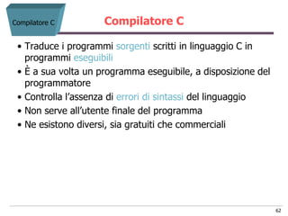 Compilatore C        Compilatore C

 • Traduce i programmi sorgenti scritti in linguaggio C in
   programmi eseguibili
 • È a sua volta un programma eseguibile, a disposizione del
   programmatore
 • Controlla l‟assenza di errori di sintassi del linguaggio
 • Non serve all‟utente finale del programma
 • Ne esistono diversi, sia gratuiti che commerciali




                                                               62
 