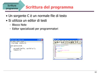 Scrittura
programma       Scrittura del programma

• Un sorgente C è un normale file di testo
• Si utilizza un editor di testi
   - Blocco Note
   - Editor specializzati per programmatori




                                              63
 