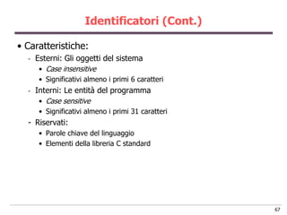 Identificatori (Cont.)

• Caratteristiche:
  -   Esterni: Gli oggetti del sistema
       • Case insensitive
       • Significativi almeno i primi 6 caratteri
  -   Interni: Le entità del programma
       • Case sensitive
       • Significativi almeno i primi 31 caratteri
  - Riservati:
       • Parole chiave del linguaggio
       • Elementi della libreria C standard




                                                     67
 