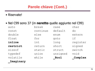 Parole chiave (Cont.)

• Riservate!

• Nel C99 sono 37 (in neretto quelle aggiunte nel C99)
 auto              break        case          char
 const             continue     default       do
 double            else         enum          extern
 float             for          goto          if
 inline            int          long          register
 restrict          return       short         signed
 sizeof            static       struct        switch
 typedef           union        unsigned      void
 volatile          while        _Bool         _Complex
 _Imaginary

                                                         70
 