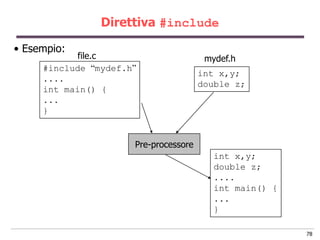 Direttiva #include

• Esempio:
            file.c                      mydef.h
     #include “mydef.h”
                                       int x,y;
     ....
                                       double z;
     int main() {
     ...
     }


                      Pre-processore
                                          int x,y;
                                          double z;
                                          ....
                                          int main() {
                                          ...
                                          }

                                                         78
 