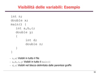 Visibilità delle variabili: Esempio

    int n;
    double x;
    main() {
       int a,b,c;
       double y;
       {
            int d;
            double z;
       }
    }
-   n,x: Visibili in tutto il file
-   a,b,c,y: Visibili in tutto il main()
-   d,z: Visibili nel blocco delimitato dalle parentesi graffe

                                                                 99
 