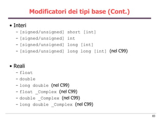 Modificatori dei tipi base (Cont.)

• Interi
  - [signed/unsigned]   short [int]
  - [signed/unsigned]   int
  - [signed/u...
