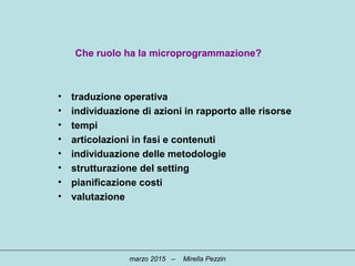 Che ruolo ha la microprogrammazione?
• traduzione operativa
• individuazione di azioni in rapporto alle risorse
• tempi
• articolazioni in fasi e contenuti
• individuazione delle metodologie
• strutturazione del setting
• pianificazione costi
• valutazione
marzo 2015 – Mirella Pezzin
 