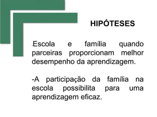 HIPÓTESES

Escola
-         e   família  quando
parceiras proporcionam melhor
desempenho da aprendizagem.

-A participação da família na
escola possibilita para uma
aprendizagem eficaz.
 