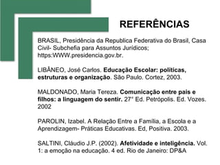 REFERÊNCIAS
BRASIL, Presidência da Republica Federativa do Brasil, Casa
Civil- Subchefia para Assuntos Jurídicos;
https:WWW.presidencia.gov.br.

LIBÂNEO, José Carlos. Educação Escolar: políticas,
estruturas e organização. São Paulo. Cortez, 2003.

MALDONADO, Maria Tereza. Comunicação entre pais e
filhos: a linguagem do sentir. 27° Ed. Petrópolis. Ed. Vozes.
2002

PAROLIN, Izabel. A Relação Entre a Família, a Escola e a
Aprendizagem- Práticas Educativas. Ed, Positiva. 2003.

SALTINI, Cláudio J.P. (2002). Afetividade e inteligência. Vol.
1: a emoção na educação. 4 ed. Rio de Janeiro: DP&A
 