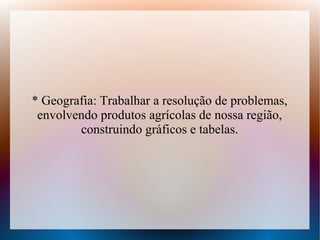 * Geografia: Trabalhar a resolução de problemas,
 envolvendo produtos agrícolas de nossa região,
        construindo gráficos e tabelas.
 