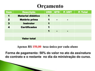Item Descrição UND QTD P. UNT P. Total
1 Material didático 1
2 Matéria prima 1 - -
3 Instrutor 1
4 Certificados 1
1 - -
Valor total
Forma de pagamento: 50% do valor no ato da assinatura
do contrato e o restante no dia da ministração do curso.
Apenas R$ 150,00 taxa única por cada aluno
 