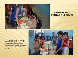 FEIRINHA DAS
FRUTAS E LEGUMES

ALUNOS DO 4º ANO
aprendendo Sistema
Monetário, peso, grama
e kg.

 