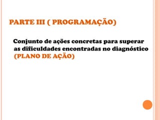 PARTE III ( PROGRAMAÇÃO)
Conjunto de ações concretas para superar
as dificuldades encontradas no diagnóstico
(PLANO DE AÇÃO)
 