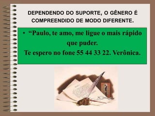 DEPENDENDO DO SUPORTE, O GÊNERO É
COMPREENDIDO DE MODO DIFERENTE.

 