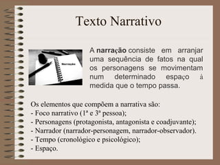 Texto Narrativo
A narração consiste em arranjar
uma sequência de fatos na qual
os personagens se movimentam
num determinado espaço à
medida que o tempo passa.
Os elementos que compõem a narrativa são:
- Foco narrativo (1ª e 3ª pessoa);
- Personagens (protagonista, antagonista e coadjuvante);
- Narrador (narrador-personagem, narrador-observador).
- Tempo (cronológico e psicológico);
- Espaço.
 