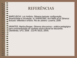 REFERÊNCIAS
MARCUSCHI, Luiz Antônio. Gêneros textuais: configuração,
dinamicidade e circulação. In: KARWOSKI, Acir Mário et al.Gêneros
textuais: reflexões e ensino. Rio de Janeiro: Lucerna, 2006.
ARANTES, Marilza Borges. Gêneros discursivos – prática pedagógica
para conscientização do contexto sócio-cultural do educando.
Uberlândia, UFU, 2006. (CD-R/ SILEL 2004)
 