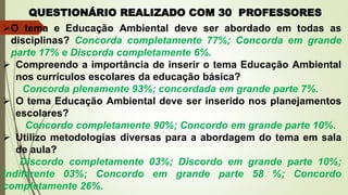 QUESTIONÁRIO REALIZADO COM 30 PROFESSORES
O tema e Educação Ambiental deve ser abordado em todas as
disciplinas? Concorda completamente 77%; Concorda em grande
parte 17% e Discorda completamente 6%.
 Compreendo a importância de inserir o tema Educação Ambiental
nos currículos escolares da educação básica?
Concorda plenamente 93%; concordada em grande parte 7%.
 O tema Educação Ambiental deve ser inserido nos planejamentos
escolares?
Concordo completamente 90%; Concordo em grande parte 10%.
 Utilizo metodologias diversas para a abordagem do tema em sala
de aula?
Discordo completamente 03%; Discordo em grande parte 10%;
Indiferente 03%; Concordo em grande parte 58 %; Concordo
completamente 26%.
 