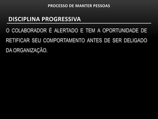PROCESSO DE MANTER PESSOAS


DISCIPLINA PROGRESSIVA
O COLABORADOR É ALERTADO E TEM A OPORTUNIDADE DE
RETIFICAR SEU COMPORTAMENTO ANTES DE SER DELIGADO
DA ORGANIZAÇÃO.
 