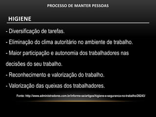 PROCESSO DE MANTER PESSOAS


 HIGIENE
- Diversificação de tarefas.
- Eliminação do clima autoritário no ambiente de trabalho.
- Maior participação e autonomia dos trabalhadores nas
decisões do seu trabalho.
- Reconhecimento e valorização do trabalho.
- Valorização das queixas dos trabalhadores.
     Fonte: http://www.administradores.com.br/informe-se/artigos/higiene-e-seguranca-no-trabalho/26243/
 