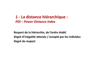 1 - La distance hiérarchique
• Faible population => Dist. Courte
• Inégalité partage de la richesse => Dist. Forte
• Forte...