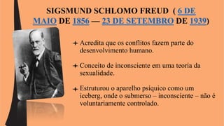 SIGSMUND SCHLOMO FREUD ( 6 DE 
MAIO DE 1856 — 23 DE SETEMBRO DE 1939) 
Acredita que os conflitos fazem parte do 
desenvolvimento humano. 
Conceito de inconsciente em uma teoria da 
sexualidade. 
Estruturou o aparelho psíquico como um 
iceberg, onde o submerso – inconsciente – não é 
voluntariamente controlado. 
 