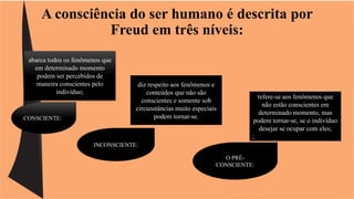 A consciência do ser humano é descrita por 
Freud em três níveis: 
abarca todos os fenômenos que 
em determinado momento 
podem ser percebidos de 
maneira conscientes pelo 
indivíduo; 
CONSCIENTE: 
O PRÉ- 
refere-se aos fenômenos que 
não estão conscientes em 
determinado momento, mas 
podem tornar-se, se o indivíduo 
desejar se ocupar com eles; 
; 
conteúdos que não são 
conscientes e somente sob 
circunstâncias muito especiais 
CONSCIENTE: 
diz respeito aos fenômenos e 
INCONSCIENTE: 
podem tornar-se. 
 