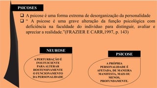 PSICOSES 
 A psicose é uma forma extrema de desorganização da personalidade 
 “ A psicose é uma grave alteração da função psicológica com 
deficiência na faculdade do indivíduo para distinguir, avaliar e 
apreciar a realidade.”(FRAZIER E CARR,1997, p. 143) 
PSICOSE 
NEUROSE 
A PERTURBAÇÃO É 
INSUFUICIENTE 
PARA ALTERAR 
HOSTENSIVAMENTE 
O FUNCIONAMENTO 
DA PERSONALIDADE 
A PRÓPRIA 
PERSONALIDADE É 
AFETADA, DE MANEIRA 
MANIFESTA, MAIS OU 
MENOS, 
PROFUNDAMENTE. 
 