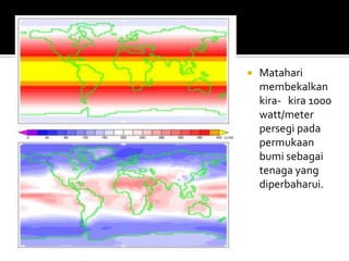 Mataharimembekalkankira-   kira 1000 watt/meter persegipadapermukaanbumisebagaitenaga yang diperbaharui.
