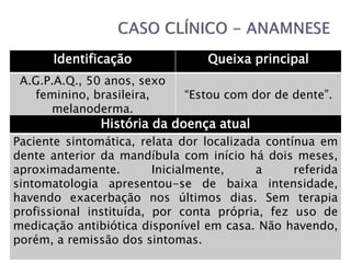 Identificação Queixa principal
A.G.P.A.Q., 50 anos, sexo
feminino, brasileira,
melanoderma.
“Estou com dor de dente”.
História da doença atual
Paciente sintomática, relata dor localizada contínua em
dente anterior da mandíbula com início há dois meses,
aproximadamente. Inicialmente, a referida
sintomatologia apresentou-se de baixa intensidade,
havendo exacerbação nos últimos dias. Sem terapia
profissional instituída, por conta própria, fez uso de
medicação antibiótica disponível em casa. Não havendo,
porém, a remissão dos sintomas.
 