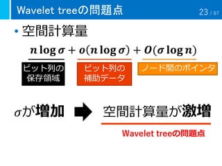 Wavelet treeの問題点
• 空間計算量
𝒏 𝐥𝐨𝐠 𝝈 + 𝒐 𝒏 𝐥𝐨𝐠 𝝈 + 𝑶(𝝈 𝐥𝐨𝐠 𝒏)
𝜎が増加 空間計算量が激増
Wavelet treeの問題点
ビット列の
補助データ
ノード間のポインタビット列の
保存領域
23 / 67
 