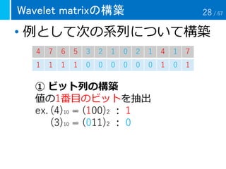 Wavelet matrixの構築
• 例として次の系列について構築
4 7 6 5 3 2 1 0 2 1 4 1 7
1 1 1 1 0 0 0 0 0 0 1 0 1
① ビット列の構築
値の1番目のビットを抽出
ex. (4)10 = (100)2 ： 1
(3)10 = (011)2 ： 0
28 / 67
 