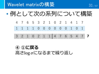 Wavelet matrixの構築
• 例として次の系列について構築
4 7 6 5 3 2 1 0 2 1 4 1 7
1 1 1 1 0 0 0 0 0 0 1 0 1
3 2 1 0 2 1 1 4 7 6 5 4 7
④ ①に戻る
高さlog 𝜎になるまで繰り返し
７
31 / 67
 
