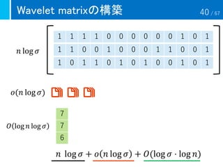Wavelet matrixの構築
1 1 1 1 0 0 0 0 0 0 1 0 1
1 1 0 0 1 0 0 0 1 1 0 0 1
1 0 1 1 0 1 0 1 0 0 1 0 1
𝑛 log 𝜎
𝑜(𝑛 log 𝜎)
7
7
6
𝑂 log 𝑛 log 𝜎
𝑛 log 𝜎 + 𝑜 𝑛 log 𝜎 + 𝑂(log 𝜎 ⋅ log 𝑛)
40 / 67
 