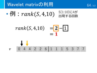 • 例：𝑟𝑎𝑛𝑘(𝑆, 4,10)
Wavelet matrixの利用
𝑟𝑎𝑛𝑘 𝑆, 4,10 = 𝟐 − 1
= 𝟏
S[1:10]に4が
出現する回数
𝑣 0 4 4 2 2 6 1 1 1 5 3 7 7
64 / 67
 