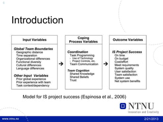 6




    Introduction




      Model for IS project success (Espinosa et al., 2006)



                                                             2/21/2013
 