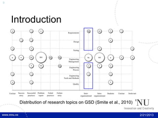 9




    Introduction




      Distribution of research topics on GSD (Smite et al., 2010)

                                                                    2/21/2013
 