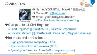 Who I am
Computational Civil Engineer
– Lead Engineer @ Solution Div., Fixstars Corporation
– Doctoral student @ Coastal ...