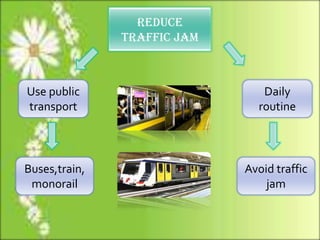 Reduce
traffic jam
Use public
transport
Daily
routine
Buses,train,
monorail
Avoid traffic
jam
 