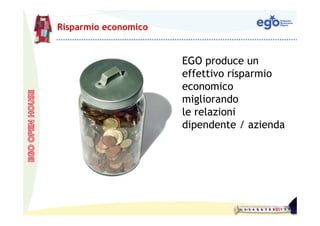 Risparmio economico


                      EGO produce un
                      effettivo risparmio
                      economico
                      migliorando
                      le relazioni
                      dipendente / azienda
 