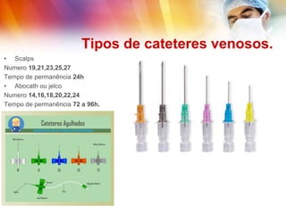 Tipos de cateteres venosos.
• Scalps
Numero 19,21,23,25,27
Tempo de permanência 24h
• Abocath ou jelco
Numero 14,16,18,20,22,24
Tempo de permanência 72 a 96h.
 