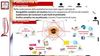 Nella realizzazione della piattaforma sono stati seguiti i principi di:

Navigabilità semplice ed intuitiva (barra di navigazione all’interno dei moduli)

Suddivisione dei contenuti in più livelli di profondità

Grafica semplice ma accattivante, tramite l’inserimento di icone.
Quiz e
raccolta dati
Presentazione
dei contenuti
Apprendimento
collaborativo
Comunicazione
con i corsisti
Piattaforma e-
learning
Gli strumenti
utilizzati
 
