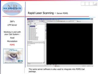 Rapid Laser Scanning –  Server PDMS Z&F’s LFM Server Working in and with your Cad System : Acad Microstation PDMS The same server software is also used to integrate into PDMS Cad package. 