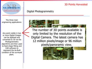 3D Points Harvested Digital Photogrammetry The three main engineering applications: Any point visible in two or more Digital Images can be digitised and converted to 3D via the Photogrammetry algorithms and then used to feed shape fitting and CAD software to represent the As-Built condition of the surveyed plant.  The number of 3D points available is only limited by the resolution of the Digital Camera. The latest camera has 12 million pixels/image or 96 million pixels/panoramic view.  