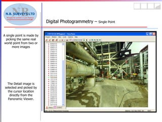 Digital Photogrammetry –  Single Point A single point is made by picking the same real world point from two or more images The Detail image is selected and picked by the cursor location directly from the Panoramic Viewer. 