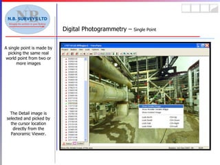 Digital Photogrammetry –  Single Point A single point is made by picking the same real world point from two or more images The Detail image is selected and picked by the cursor location directly from the Panoramic Viewer. 