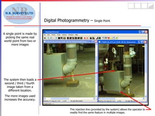 Digital Photogrammetry –  Single Point A single point is made by picking the same real world point from two or more images The system then loads a second / third / fourth  image taken from a different location. The more images used increases the accuracy. This injection line (provided by the system) allows the operator to readily find the same feature in multiple images. 
