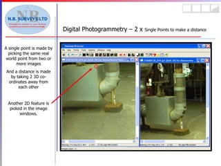 Digital Photogrammetry – 2 x  Single Points to make a distance A single point is made by picking the same real world point from two or more images And a distance is made by taking 2 3D co-ordinates away from each other Another 2D feature is picked in the image windows. 