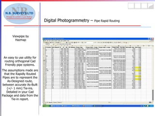 Viewpipe by Hazmap An easy to use utility for routing orthogonal Cad Friendly pipe systems. The assumptions made are that the Rapidly Routed Pipes are to represent the As-Designed route, between accurate As-Built (+/- 1 mm) Tie-ins. Detailed in your Cad Package and data from the Tie-in report. Digital Photogrammetry –  Pipe Rapid Routing 