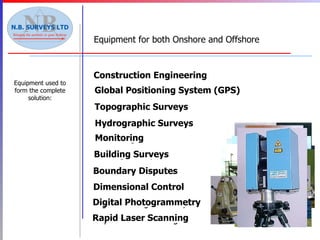 Equipment for both Onshore and Offshore Equipment used to form the complete solution: Construction Engineering Global Positioning System (GPS) Topographic Surveys Hydrographic Surveys Monitoring Building Surveys Boundary Disputes Dimensional Control Digital Photogrammetry Rapid Laser Scanning Construction Engineering Global Positioning System (GPS) Topographic Surveys Hydrographic Surveys Monitoring Building Surveys Boundary Disputes Dimensional Control Digital Photogrammetry Rapid Laser Scanning 