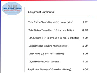 Total Station Theodolites  (+/- 1 mm or better)  15 Off Total Station Theodolites  (+/- 2 mm or Better)  12 Off GPS Systems  (+/- 10 mm XY & 20 mm  Z or better)  4 Off Levels (Various including Machine Levels)  13 Off Laser Points (Co-axial for Theodolite)  1 Off Digital High Resolution Cameras  2 Off Rapid Laser Scanners (3 Cabled + 3 Battery)  6 Off  Equipment Summary: 