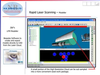 Rapid Laser Scanning –  Modeller Z&F’s LFM Modeller Bespoke Software to create and export models directly to CAD from the Laser Cloud. A small portion of the High Resolution Cloud can be sub sampled into a more convenient sized work package. 